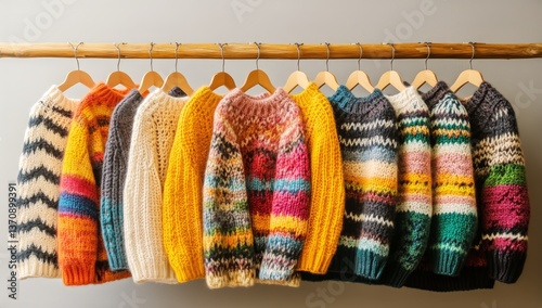 Colorful Knitted Sweaters Displayed on Hangers in a Cozy Shop Setting During ...