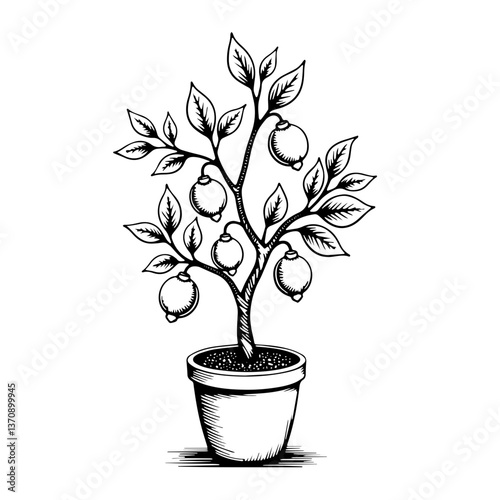 Vintage line drawing of citrus lemon tree in flower pot with fruits. Concept for natural kitchen garden sustainability zero waste and organic balcony gardening