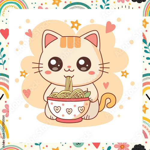 Cute Cat Eating Noodle Cartoon Icon Illustration