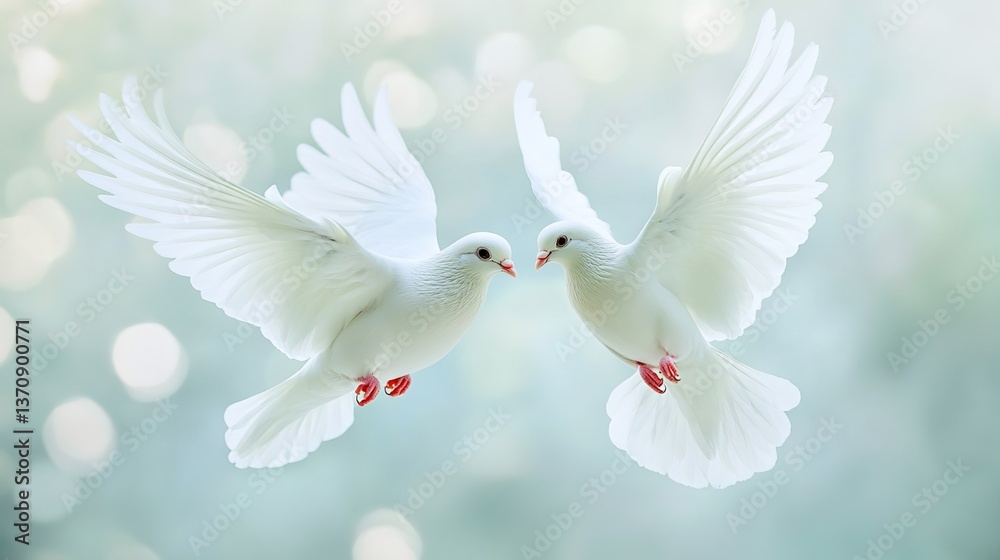 Fototapeta premium Two white doves in flight, soft background