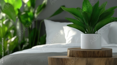Modern bedroom interior with lush greenery