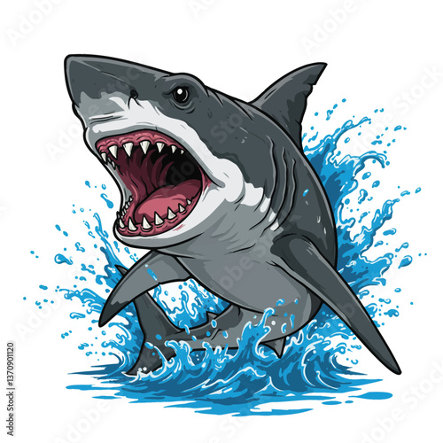 a vibrant vector illustration of a cartoon shark leaping aggressively out of splashing ocean waves