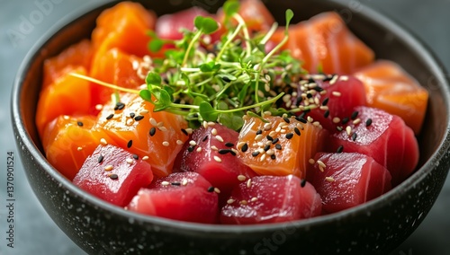 Fresh Sashimi Bowl With Colorful Seafood and Garnish Arranged Artistically