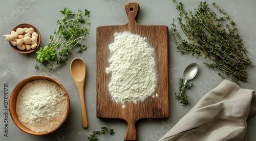 Fresh Herbs and Flour on Kitchen Countertop Ready for Cooking