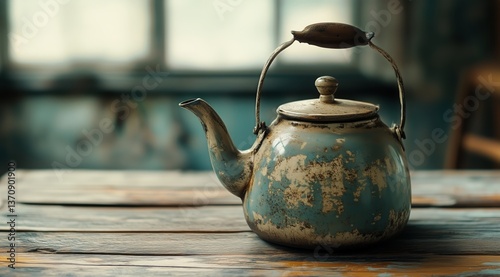 Rustic Blue Kettle Placed on an Aged Wooden Table in a Cozy Cafe Setting Duri...