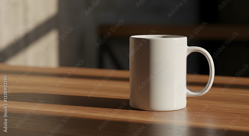 Fototapeta premium White Ceramic Mug on Wooden Table with Sunlight and Shadow Effect