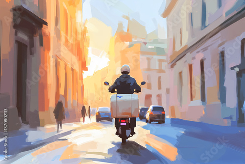 Food delivery rider on a bike, weaving through city traffic with a thermal backpack displaying a delivery app logo