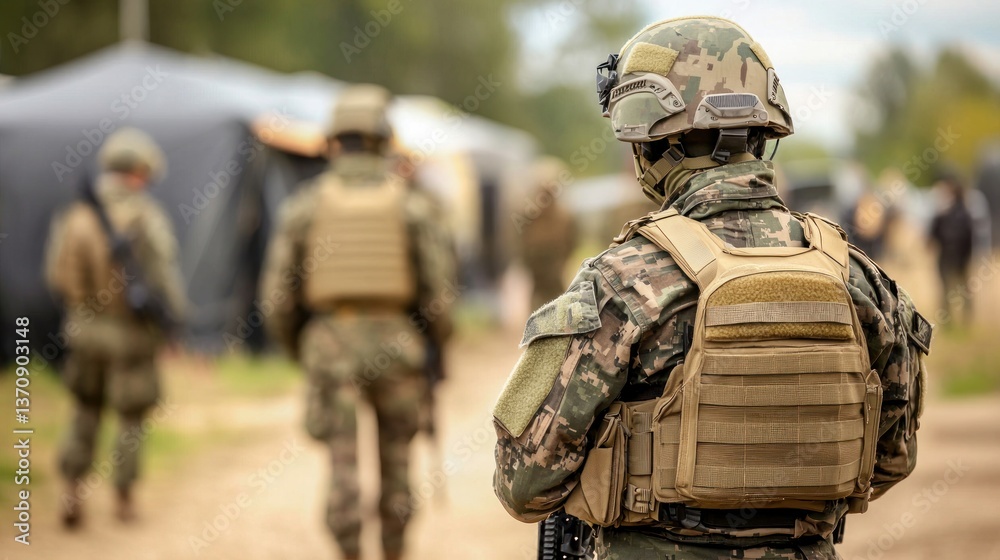 Fototapeta premium Military personnel on duty tactical area photography outdoor rear view security in geopolitical context