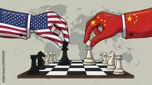 Chess Game of Nations: A metaphorical illustration of the United States and China engaged in a high-stakes game of chess, symbolizing strategic competition, diplomacy, and global influence.
