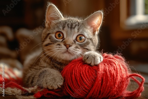 Playful Tabby Cat Tangled in Vibrant Red Yarn