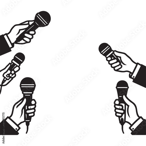 Multiple Microphones in Hands Silhouette illustration for Press Events