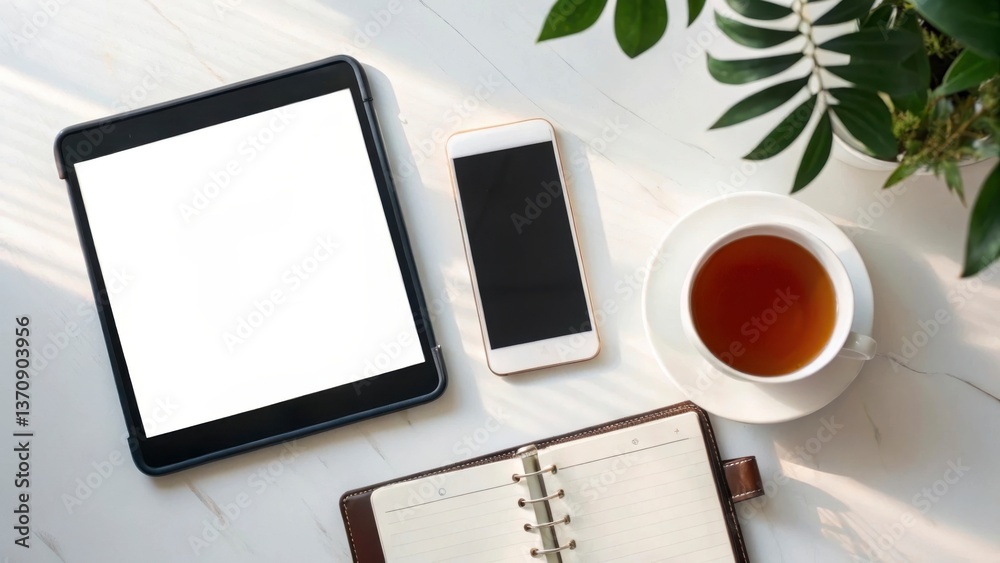 Remote Work Essentials concept Stylish workspace with a tablet, smartphone, planner, and a cup of tea on a marble desk. Remote Work Essentials concept Stylish workspace with a tablet, smartphone, planner, and a cup of tea on a marble desk.