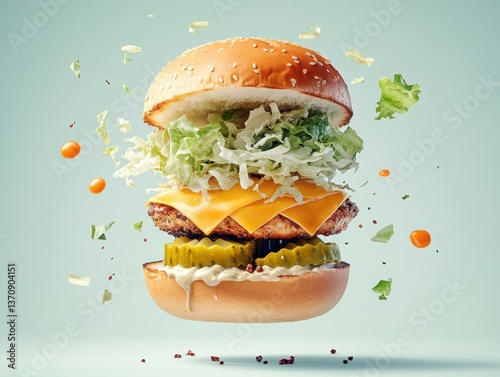 Burger Delight: A mouthwatering, high-angle shot of a perfectly constructed burger, with its components artistically separated and suspended in mid-air.