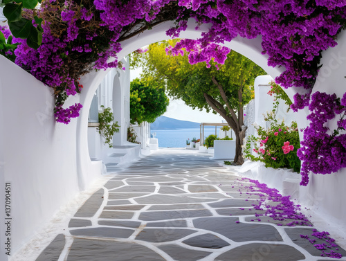 Narrow stone walkway with a purple archway leading to a garden. The archway is covered in purple flowers and the walkway is lined with trees. The scene is peaceful and serene