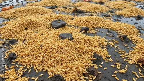 Brown rice grains scattered in a waterlogged field, wet soil, decomposition, decay