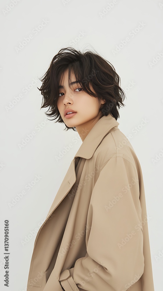 Fashion model with sleek short hair in oversized beige trench coat posing against a white background for an editorial photoshoot Fashion model with sleek short hair in oversized beige trench coat posing against a white background for an editorial photoshoot