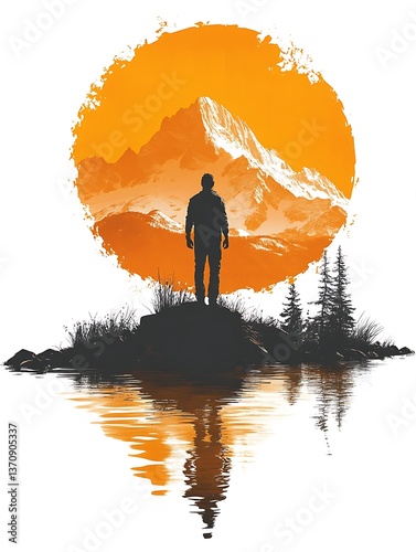 Man, Mountain, Sunset Reflection