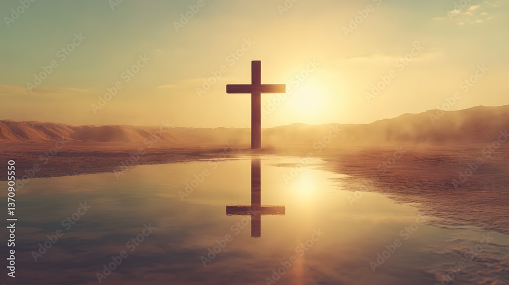 Serene Sunrise Illuminating a Wooden Cross in Misty Fields: Captivating Rural Landscape Symbolizing Faith, Reflection, and Spiritual Tranquility at Dawn Serene Sunrise Illuminating a Wooden Cross in Misty Fields: Captivating Rural Landscape Symbolizing Faith, Reflection, and Spiritual Tranquility at Dawn