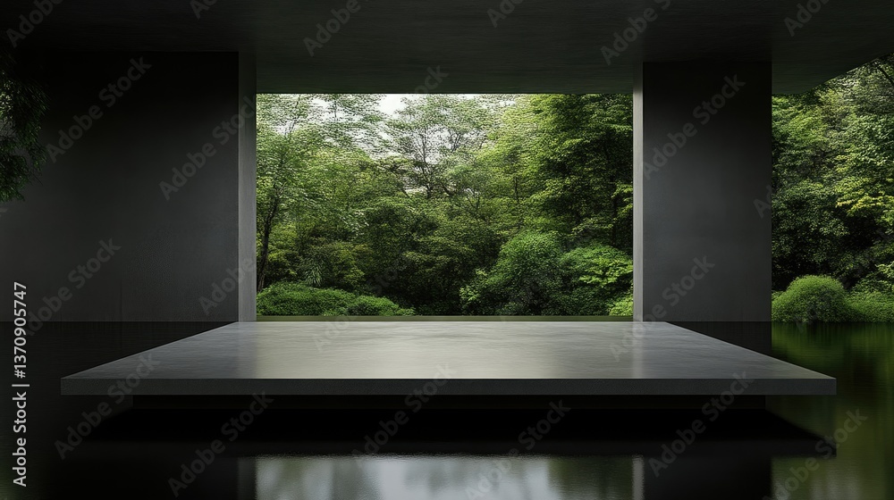 Fototapeta premium Modern minimalist interior space with a view of lush greenery. A concrete platform sits in a dark room, opening to a tranquil garden