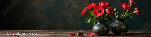 Decorative vases with red and white flowers on a dark wooden table, holiday, vase