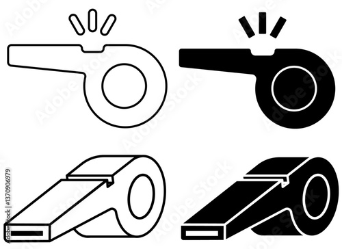 Silhouette and outline whistle graphic element, sports coach or referee design illustration