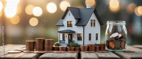 inspiring house model and coins close-up on table illustration