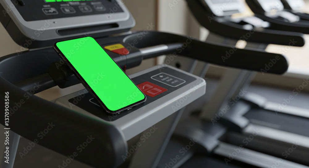 Fototapeta premium Treadmill with Phone Showing Green Screen Close Up in a Modern Gym Interior