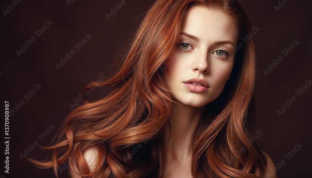 custom made wallpaper toronto digitalElegant portrait featuring a woman with vibrant auburn hair, exuding beauty and confidence. Her expressive gaze and natural charm are emphasized by a soft brown background and flowing hair.