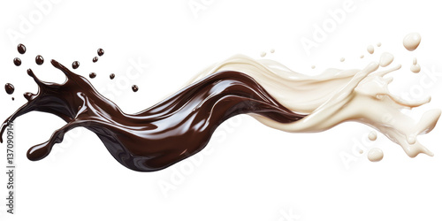 Chocolate and Milk Swirls: Captivating dance of rich dark chocolate and creamy milk, colliding and intertwining in a dynamic splash.
