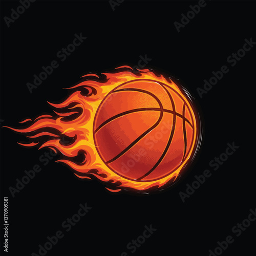 Blazing Basketball: An illustration showcasing a basketball engulfed in dynamic flames, symbolizing speed, energy, and passion in the realm of sports.