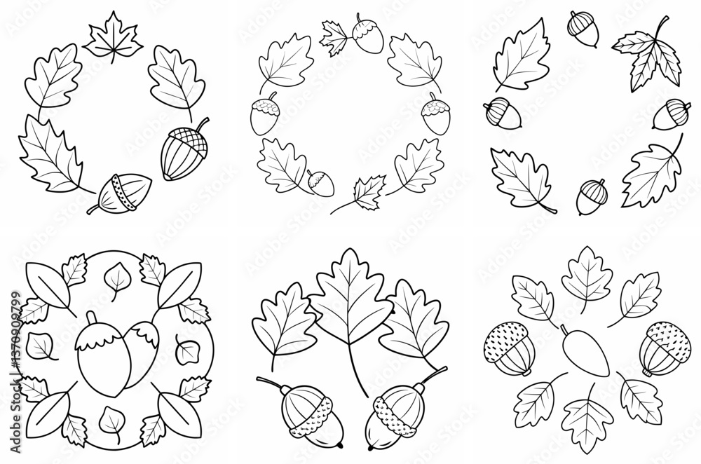 Naklejka premium Autumn Leaves and Acorns Frame Outline Coloring Page Line Art Drawing