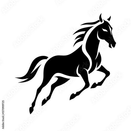 A black horse silhouette vector illustration depicts an isolated equine stallion with a flowing mane in a running gallop.