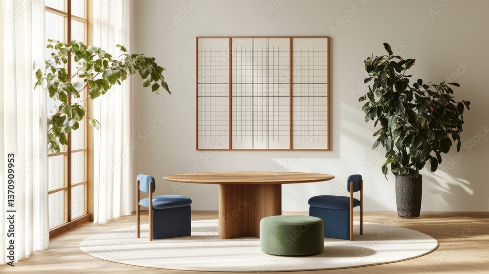 Fototapeta premium Minimalist dining room, sunlight, plants, round table, calm
