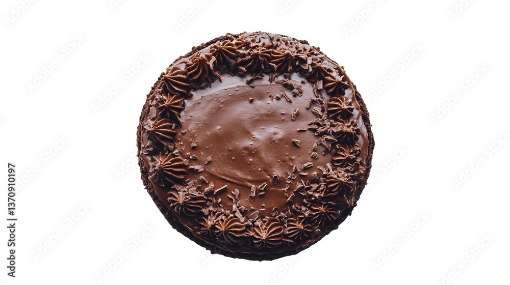 Delicious chocolate cake with rich frosting and decorative shavings Delicious chocolate cake with rich frosting and decorative shavings