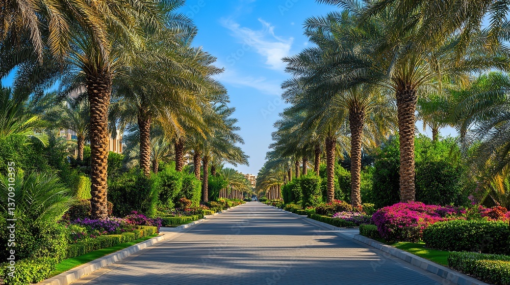 Obraz premium A long, straight path lined with tall palm trees, colorful flowers on either side, sunny day