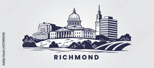 Richmond skyline silhouette on a white background, showcasing the Virginia State Capitol, James River, and historic downtown. 