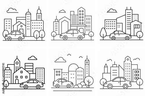 Car and Buildings Outline Coloring Page Line Art Drawing