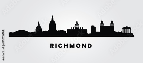 Richmond skyline silhouette on a white background, showcasing the Virginia State Capitol, James River, and historic downtown. 