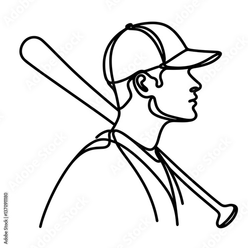 Baseball player profile with bat in a minimal line drawing style  