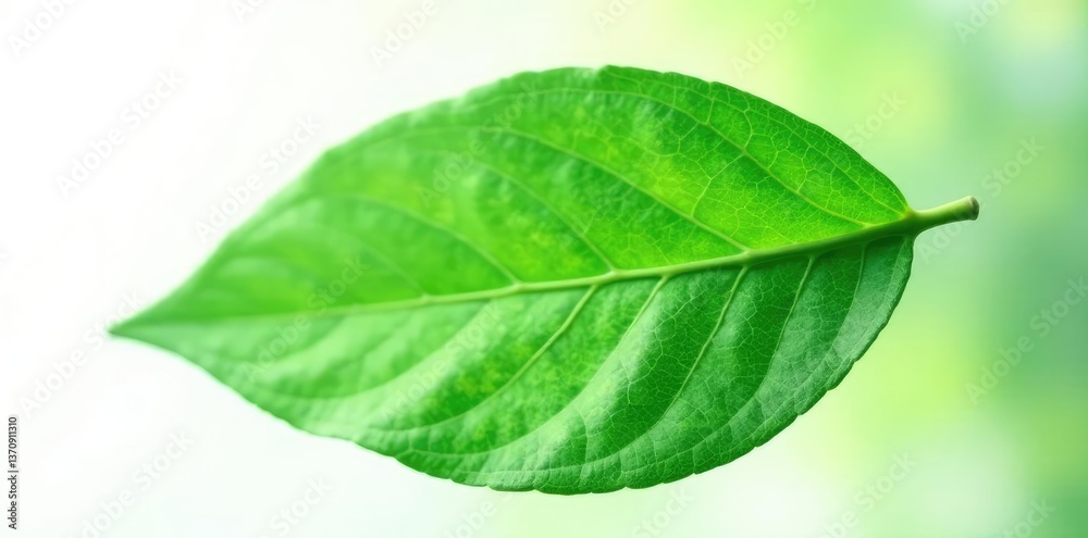 Fototapeta premium Green leaf isolated on white background with subtle texture, foliage, botany