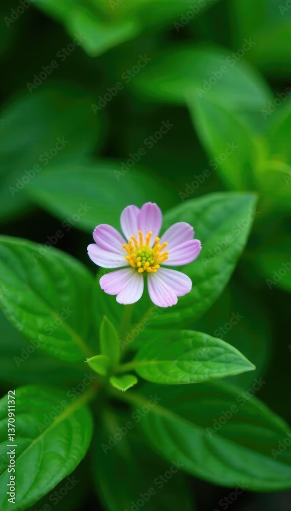 Green leafy foliage surrounding a single small flower, small bloom, garden details Green leafy foliage surrounding a single small flower, small bloom, garden details