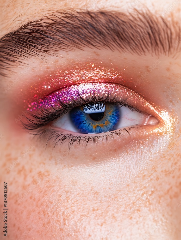 Obraz premium Close-up of woman's eye with vibrant colorful eyeshadow and glossy finish, high-end makeup photography for beauty and fashion industry