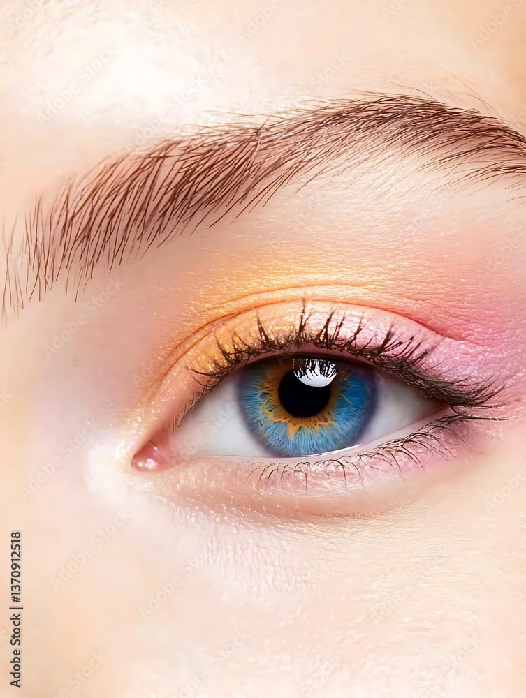 Obraz premium Close-up of woman's eye with vibrant colorful eyeshadow and glossy finish, high-end makeup photography for beauty and fashion industry