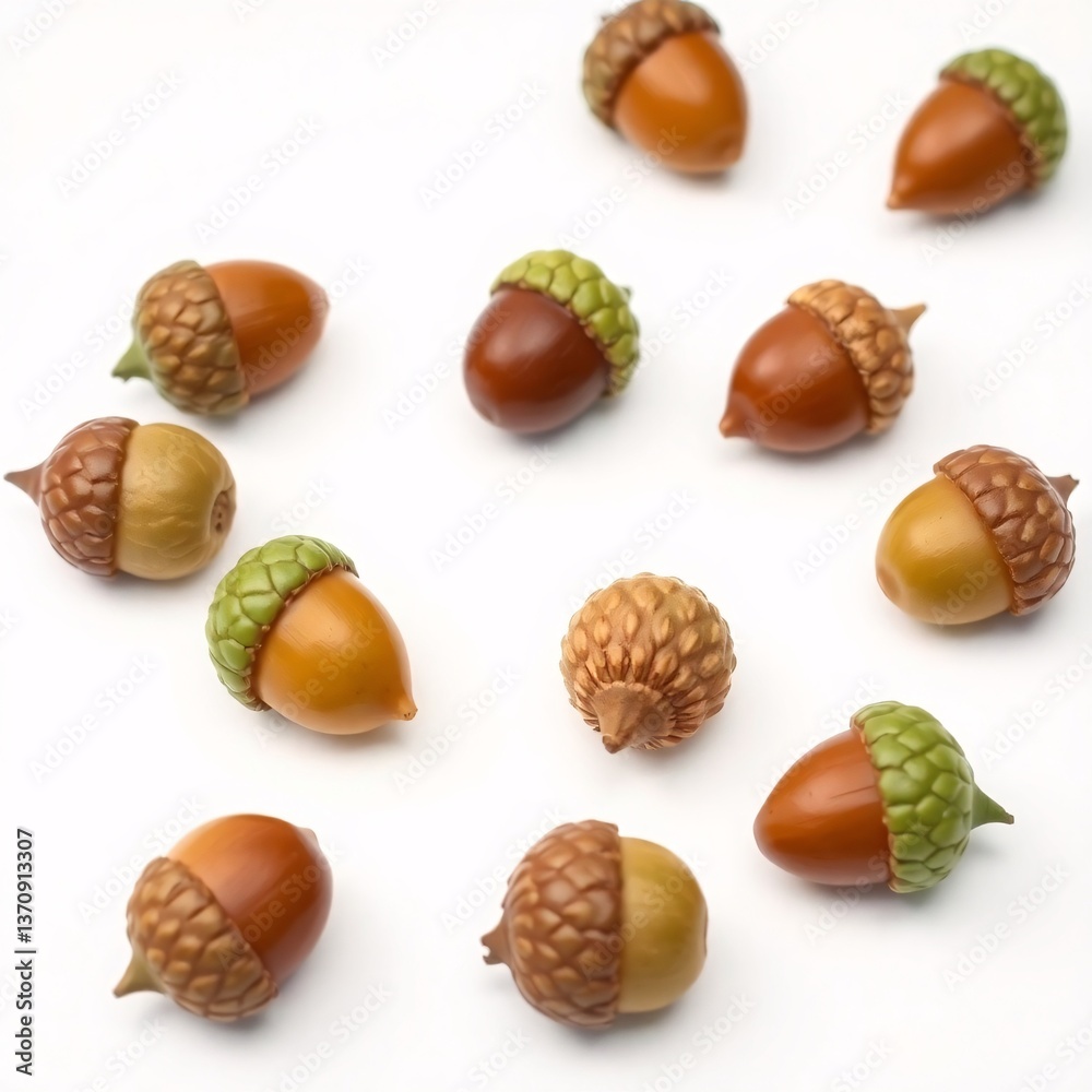 Close-up of several acorns on a white surface Close-up of several acorns on a white surface