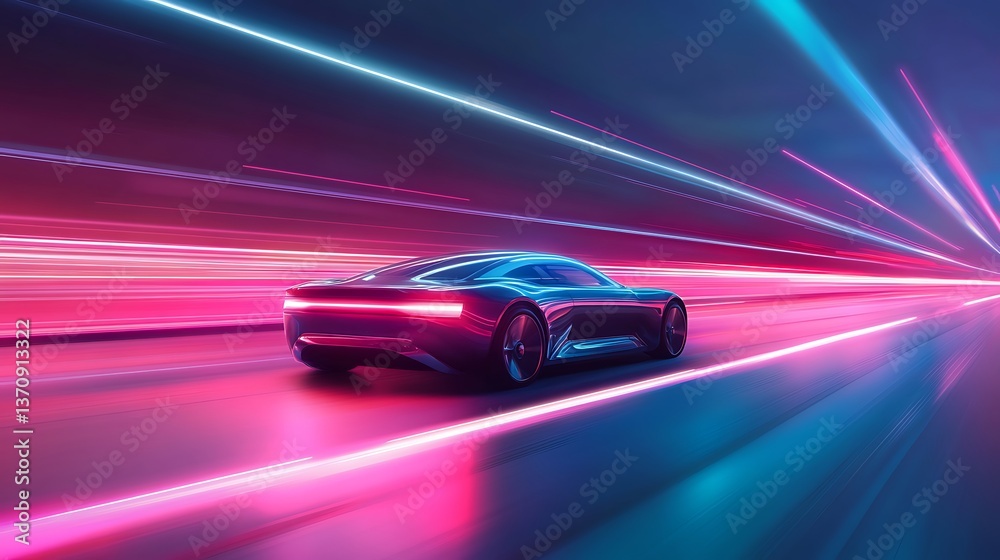 Futuristic self-driving car with neon lights on highway, high-tech AI vehicle in cyberpunk city nightscape with glowing reflections