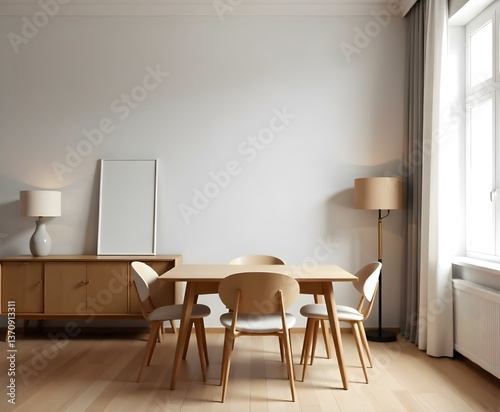 Wallpaper Mural Interior of a dining room with a wooden table and chairs, a sideboard with a blank canvas , a lamp , and a window with white curtains , minimalist style  Torontodigital.ca