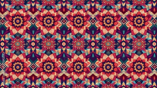 A vibrant tapestry of swirling mandala flowers in rich autumnal hues, creating a mesmerizing kaleidoscopic pattern with intricate geometric details.