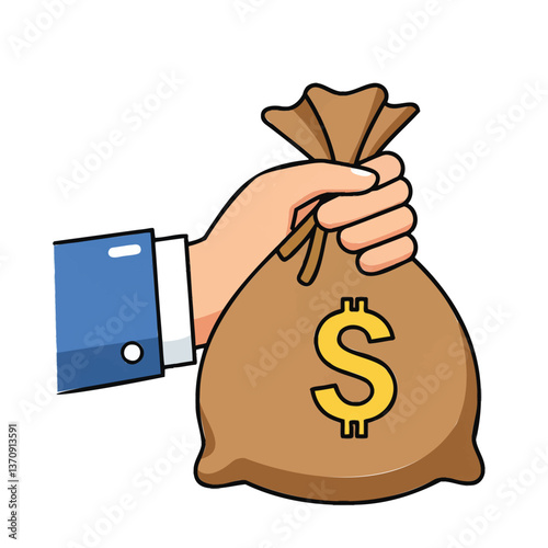 Wealth in Hand: Depicting a close-up of a hand firmly gripping a sack of money, suggesting financial control and monetary abundance. Emphasizes concepts of investment, gains, and affluence