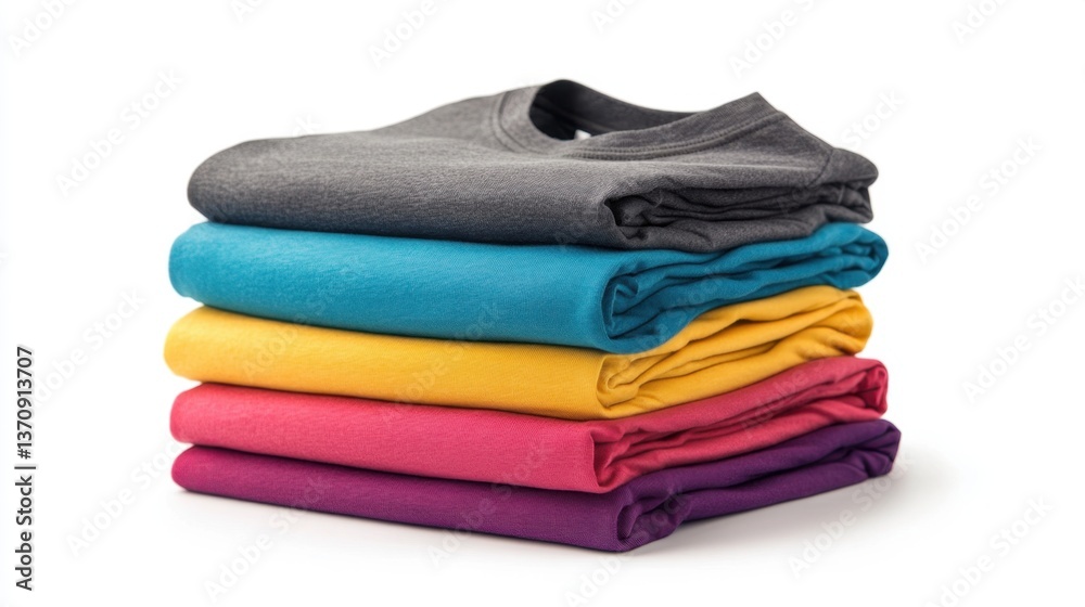 Stack of Colorful T Shirts Neatly Folded on White Background Vibrant Apparel Collection Casual Style Ready to Wear Textile Display Fashionable Clothing