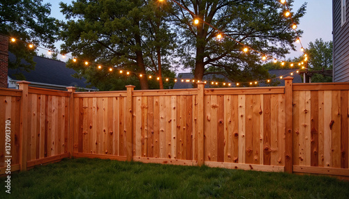 Cozy cedar privacy fence illuminated by fairy lights at twilight, relaxation